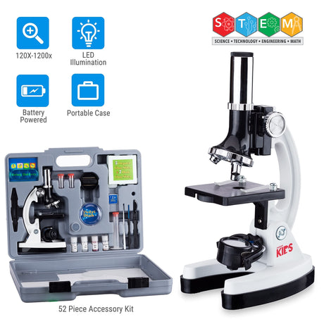 AmScope 120X-1200X 52-pcs Beginner Microscope STEM Kit with Metal Body Microscope, Plastic Slides, LED Light and Carrying Box (M30-ABS-KT2-W),White AmScope