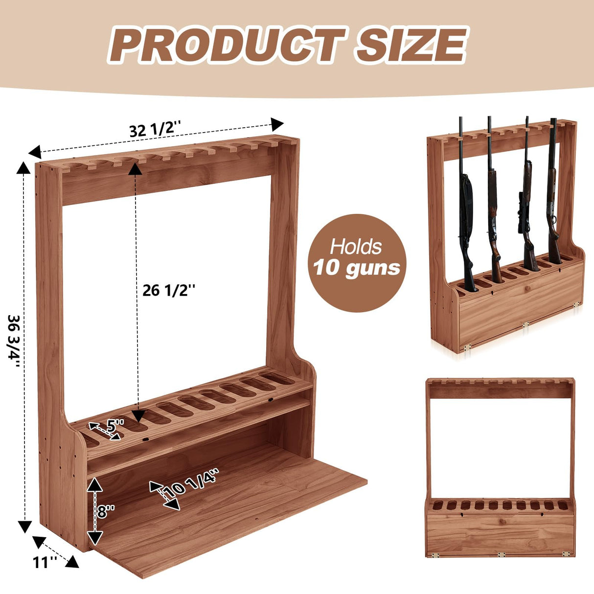 Soaoo Gun Rack, Ten Gun Wooden Standing Floor Gun Display Rack, Gun Display Rack with Storage Compartment for Home or Garage Safe Hunting Gun Storage(Walnut) Soaoo