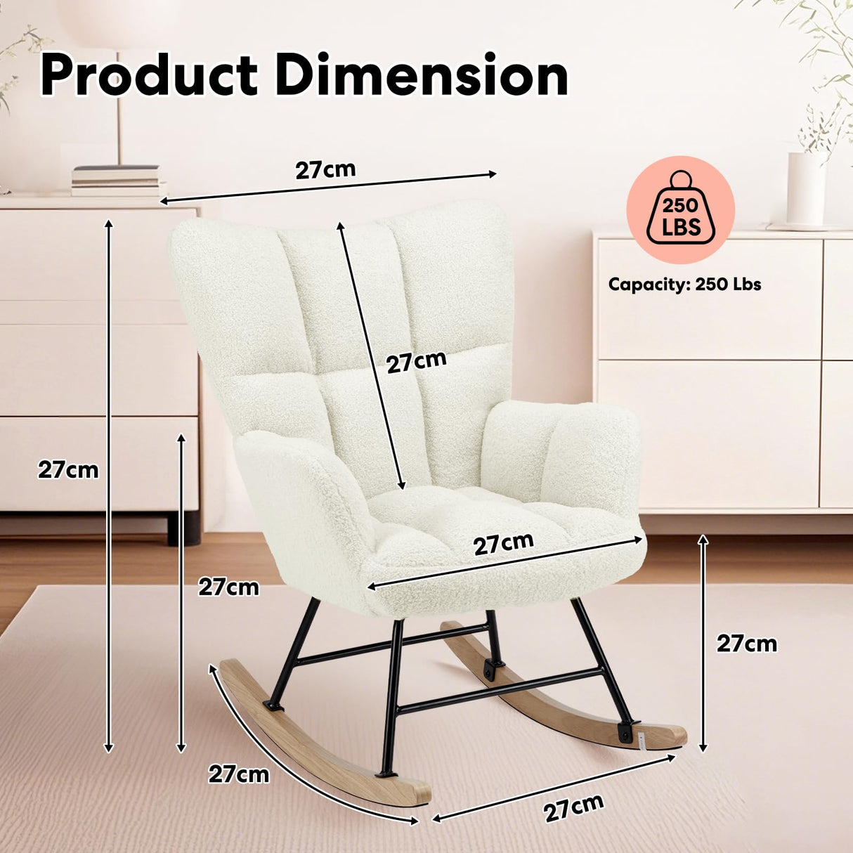 Simple Deluxe Nursery Rocking Chairs, Teddy Upholstered Glider Recliner Rocking Chair with High Backrest Armchair, Comfy Reading Small Accent Side Chair for Nursing, Living Room, Bedroom, White Simple Deluxe