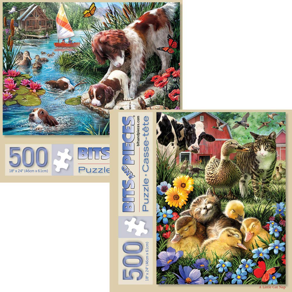 Bits and Pieces – Value Set of Two 500 Piece Jigsaw Puzzles for Adults – Cat Nap, Puppy Swimming Jigsaw Puzzles by Artist Larry Jones, Completed Puzzle Size: 18" x 24" Bits and Pieces