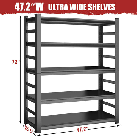 ErgoNova 72''H Garage Shelving Heavy Duty Shelving Units, 4000LBS Ultra-Large Capacity Adjustable 5 Tier Metal Storage Shelves for Kitchen, Warehouse and Basement, 47.2''Wx23.6''Dx72''H, Black ErgoNova