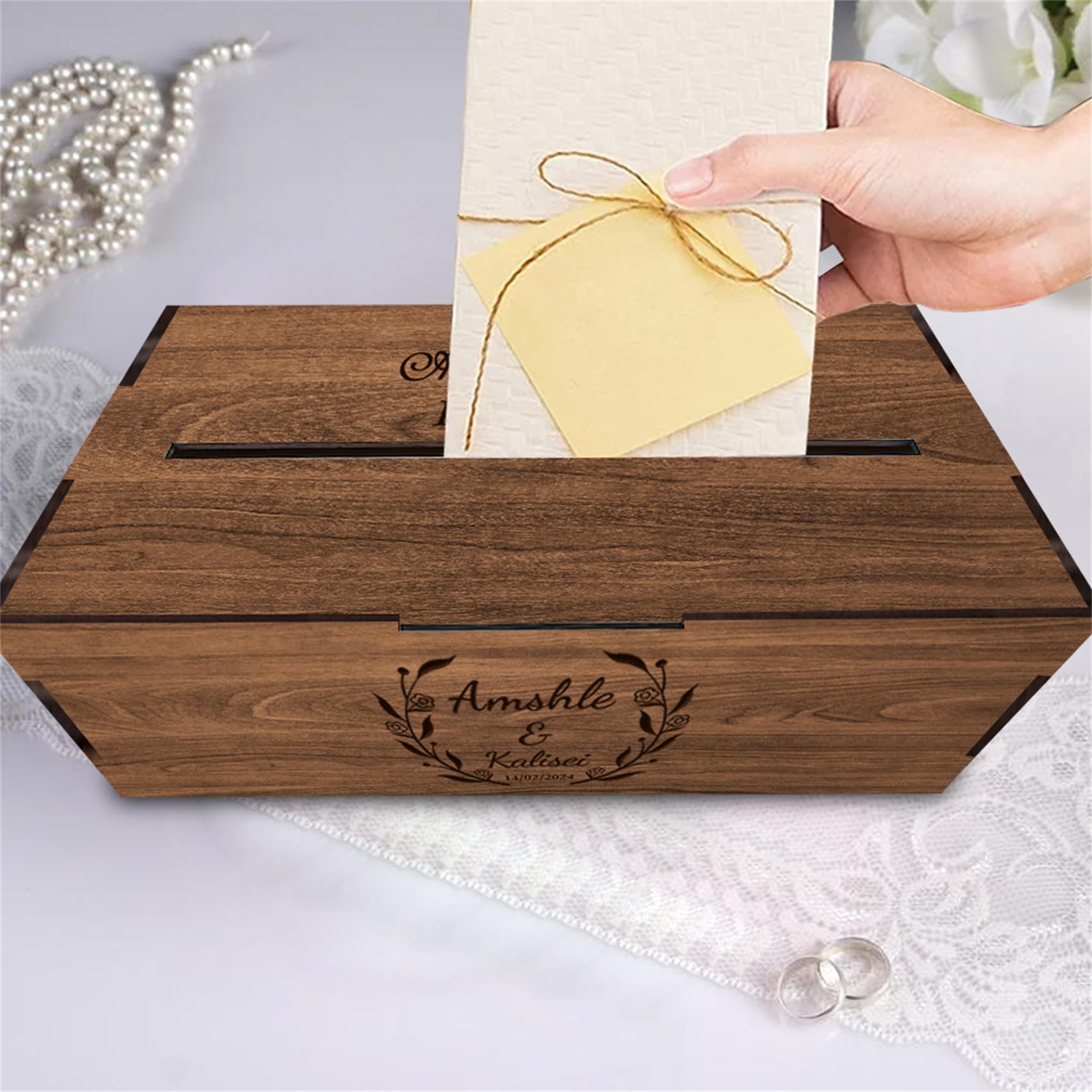 Personalized Wooden Card Box for Wedding Reception Decor Custom Wooden Wedding Card Box Holder with Slot Wedding Money Box Holder with Name and Date - WoodArtSupply