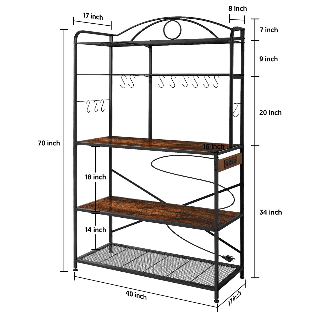 Home Limpidity Large Bakers Rack for Kitchen, 40-inch Wide Coffee Bar Station with Power Outlet, 5 Tier Microwave Stand Storage Shelf with S-Shaped Hooks, Metal Frame with Brown Wood Tabletop Home Limpidity