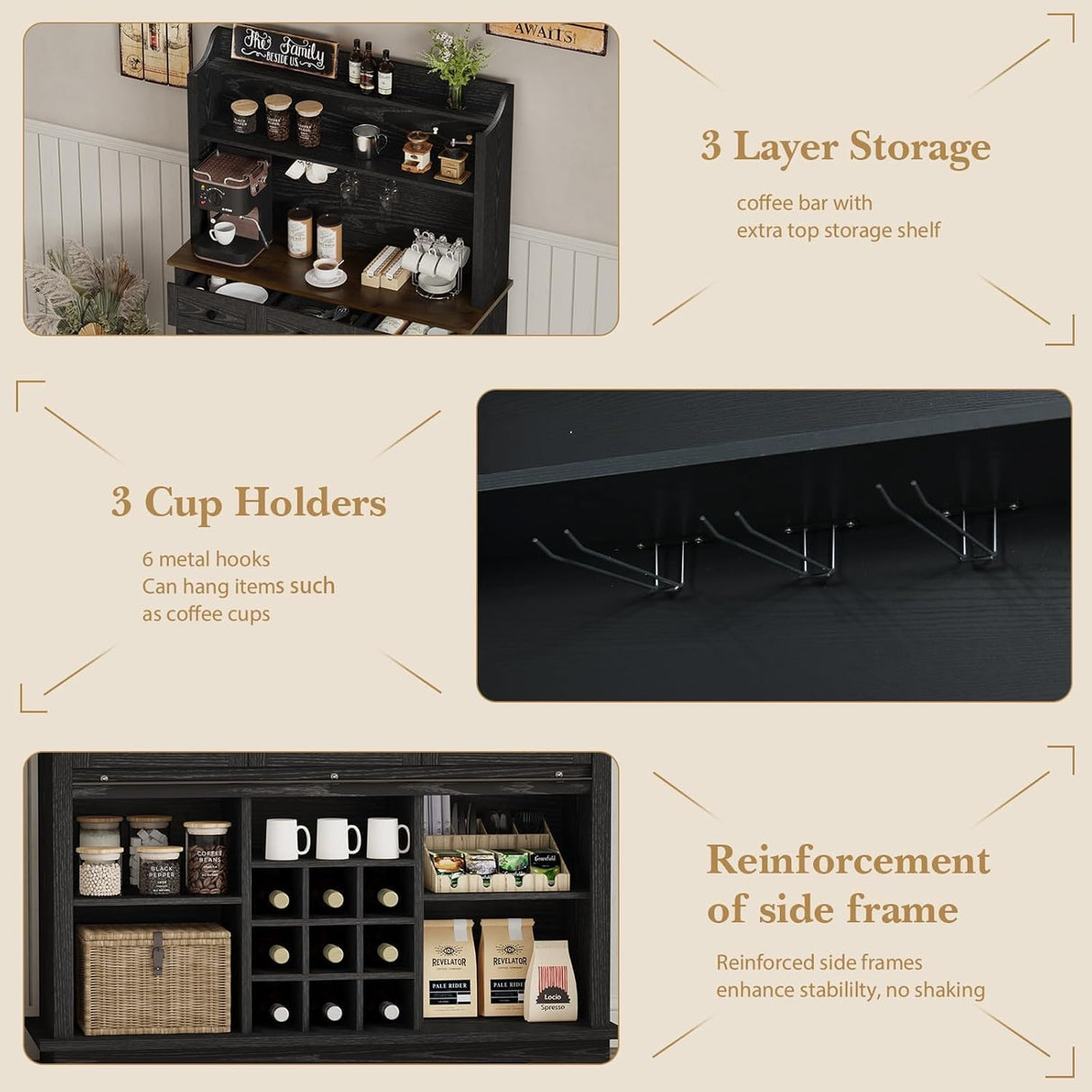 REVOMINCA 63 Inch Tall Coffee Bar Cabinet with 3-Tier, Kitchen Hutch with 3 Large Drawers, Farmhouse Coffee Bar with 9 Wine Racks & 3 Glass Holders, Wine Storage Cabinet for Living Dining Room, Black REVOMINCA