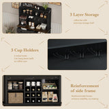 REVOMINCA 63 Inch Tall Coffee Bar Cabinet with 3-Tier, Kitchen Hutch with 3 Large Drawers, Farmhouse Coffee Bar with 9 Wine Racks & 3 Glass Holders, Wine Storage Cabinet for Living Dining Room, Black REVOMINCA