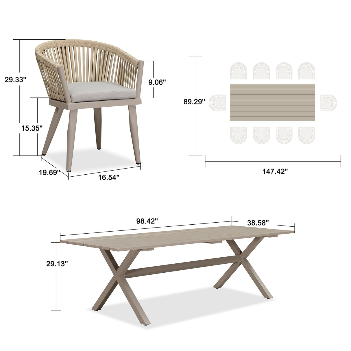 PURPLE LEAF 11 Pieces Outdoor Dining Set with Patio Aluminium Dining Table and Wicker Rattan Chairs Modern Furniture Cushions Sets for Backyard Indoor Decor Kitchen Champagne PURPLE LEAF