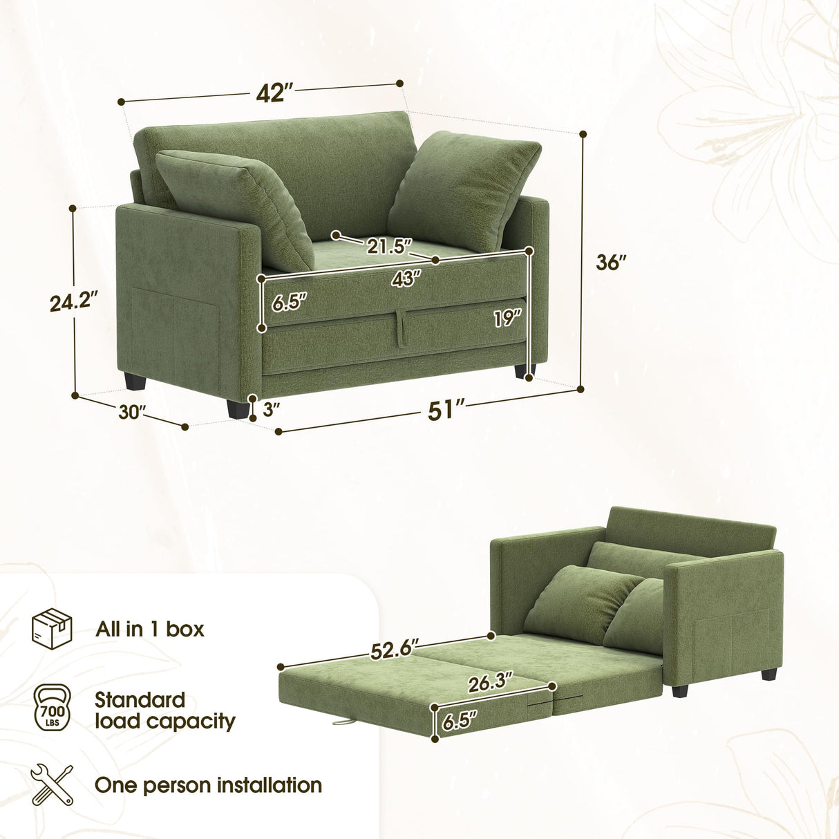 51" Convertible Loveseat Sofa Bed, 2 in1 Folding Sofa Bed, Loveseat Sleeper Sofa for Small Spaces, Fold Out Floor Couch with 2 Pillows for Apartment, Living Room & Guest Room, Green Chenille Fabric Myroyalsit