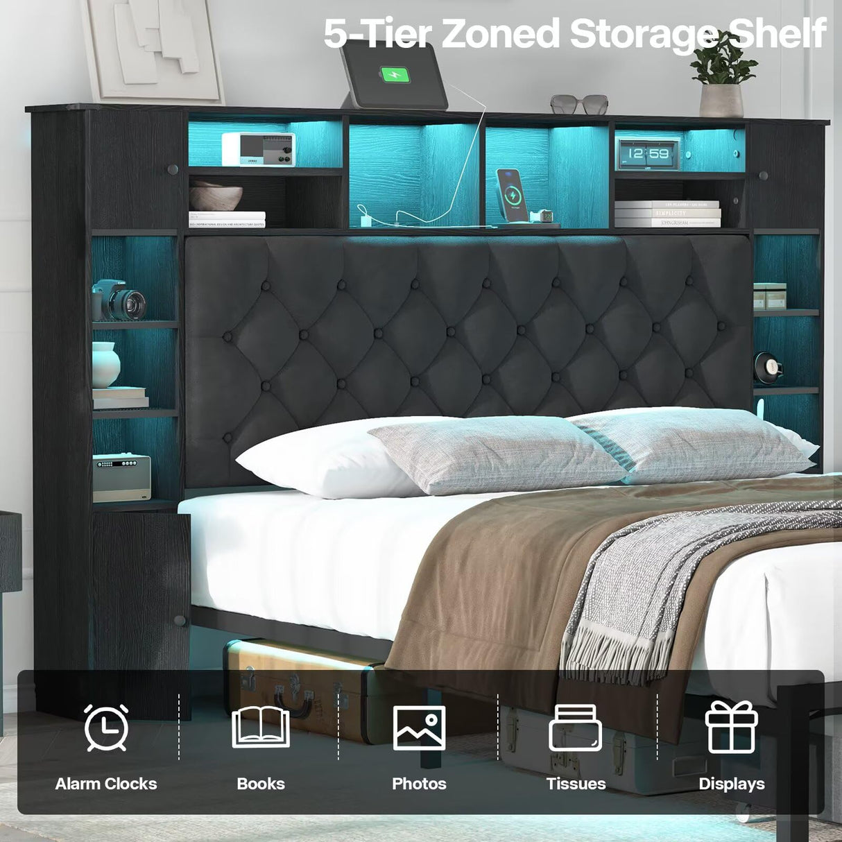 Siihnon Queen Bed Frame with Bookcase Headboard and Storage Drawers, 51.2" Metal Platform Queen Size Bed Frame with Charging Station and LED Lights, Velvet Upholstered Tufted Bed Frames, Black Siihnon