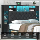 Siihnon Queen Bed Frame with Bookcase Headboard and Storage Drawers, 51.2" Metal Platform Queen Size Bed Frame with Charging Station and LED Lights, Velvet Upholstered Tufted Bed Frames, Black Siihnon