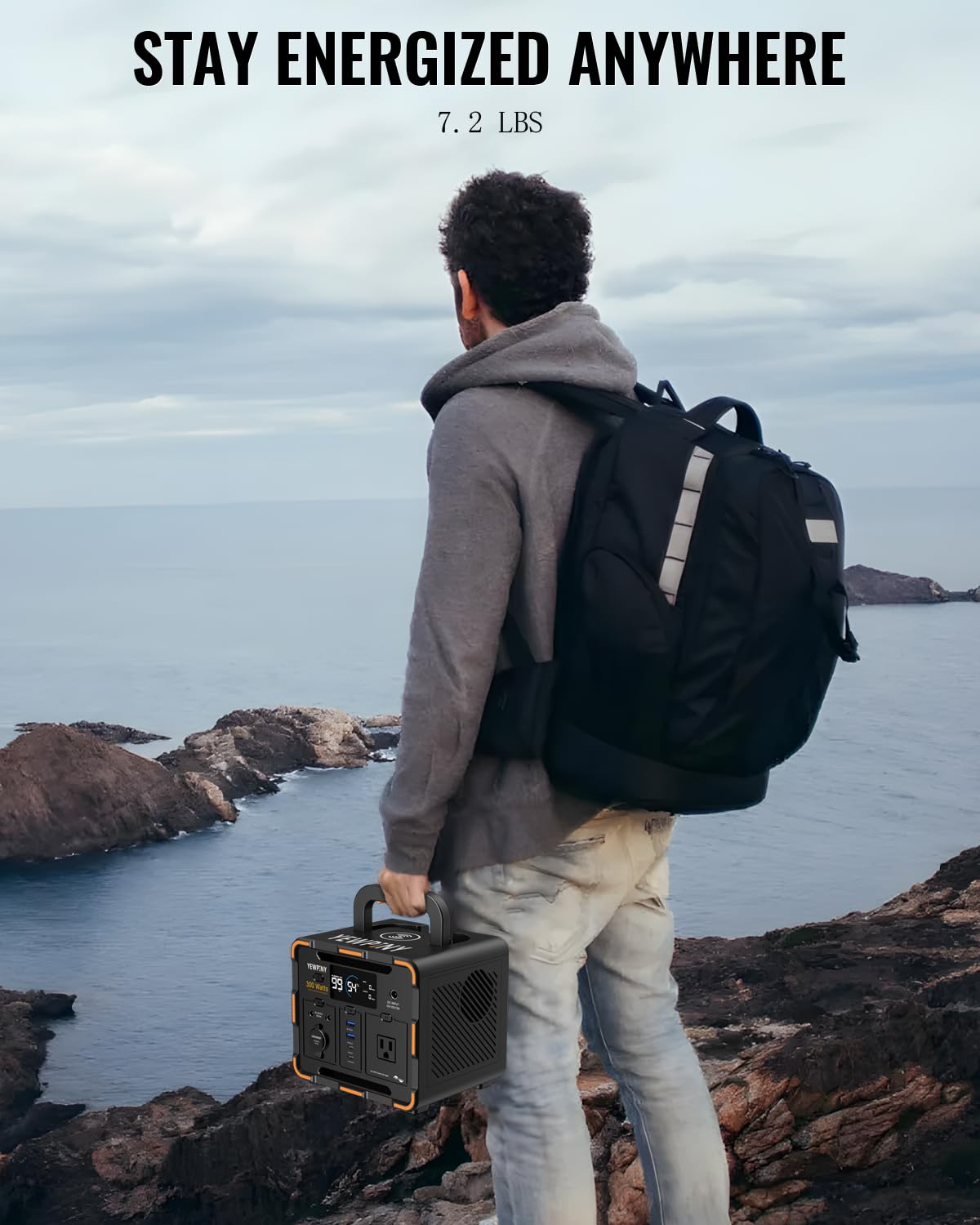 YEWPINY EM300 Portable Solar Power Station, 259Wh LiFePO4 Battery, 65W USB-C PD Fast Charging, 600W Peak, AC/DC/USB-A Outputs for Camping, Home, and Emergency Use yewpiny