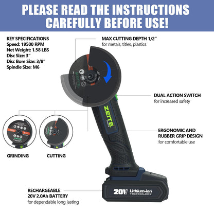 ZEITE 3" Cordless Cut Off Tool, 20V 2.0Ah Mini Cutter, Max Cutting Depth 1/2", 19500RPM Cutting Tool with 3 Cutting Discs 1 Flap Disc for Rust Removal, Battery and Charger Supplied - WoodArtSupply