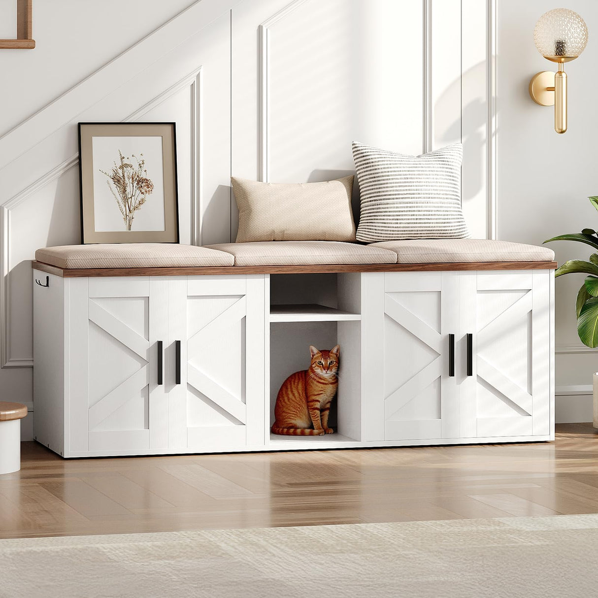 HOOBRO Double Litter Box Enclosure, Hidden Litter Box Enclosure with Corridor, Cat Litter Box Furniture with Storage Layer, Wooden Litter Box Cabinet with Hooks, White and Walnut WH15MW01 HOOBRO