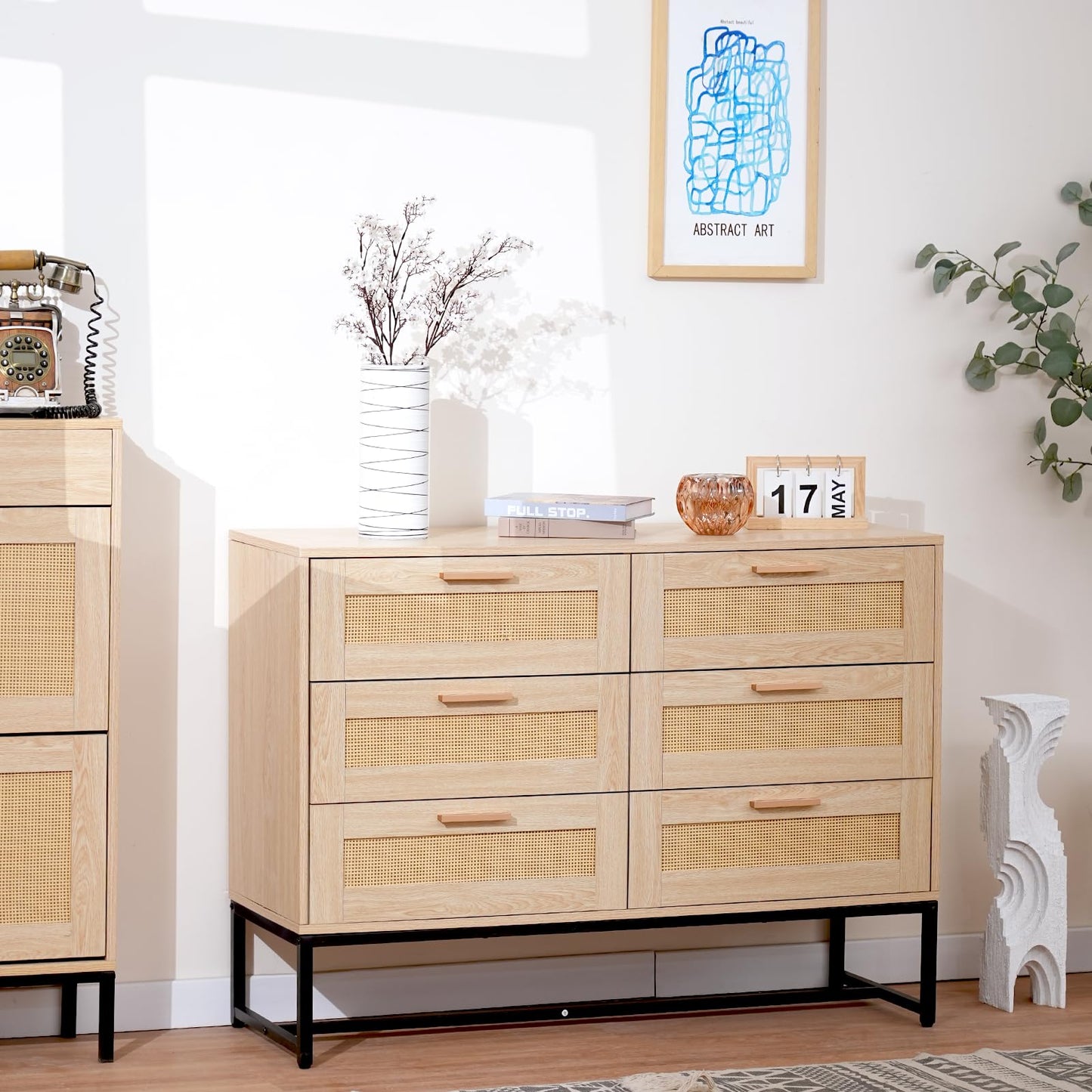 CCF Rattan Dresser 6 Drawer Dresser for Bedroom Mid Century Modern Dresser Natural Rattan Chest of Drawer Light Wood Dresser Boho Dressers for Entryway,Bedroom,Living Room，Hallway,43.4'*31.5' - WoodArtSupply