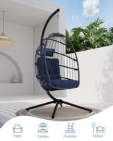 SWITTE Egg Chair Outdoor with Stand, Indoor Wicker Hanging Egg Swing Chair with Cushion, 350lbs Capacity for Patio, Bedroom, Garden - Dark Blue SWITTE