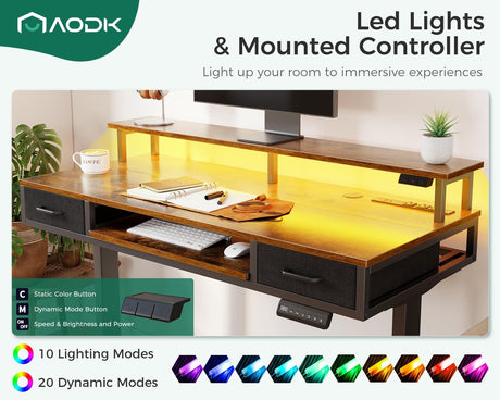AODK Electric Standing Desk with 2 Drawers & Keyboard Tray and USB & LED Lights, 55inch Rustic Brown, Height Adjustable Desk with Power Outlets & LED Lights, Stand Up Desk with Monitor Shelf AODK