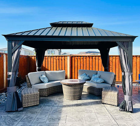 Domi 10x12FT Hardtop Gazebo, Aluminum Outdoor Gazebo with Galvanized Steel Double Roof Canopy, Drainage Gutters, Curtain and Netting, Metal Gazebo Pavilion for Party, Wedding, Dining domi outdoor living