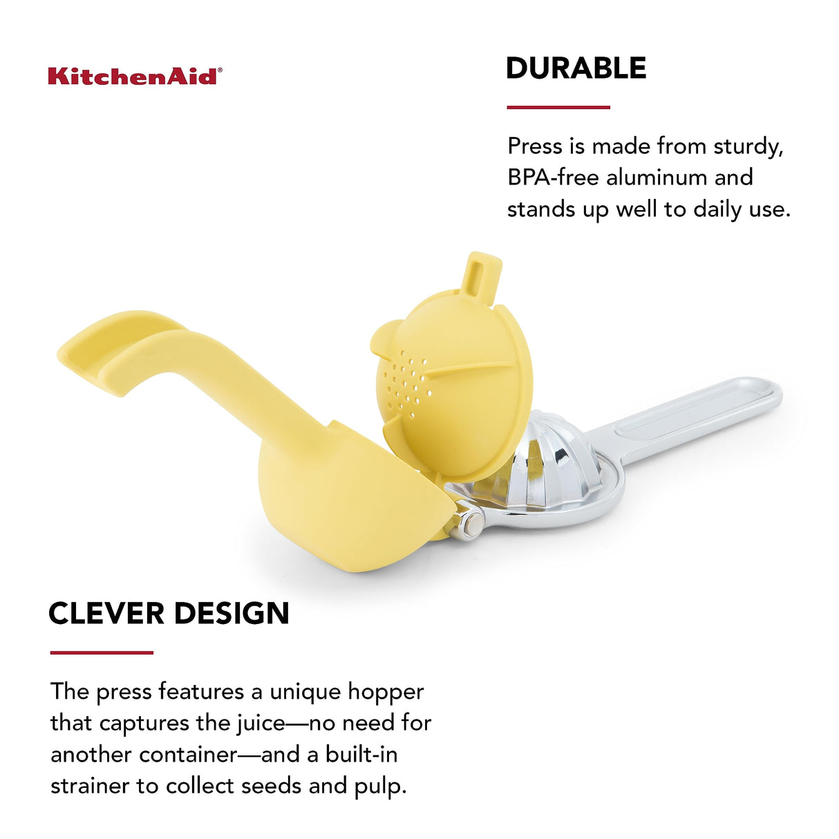 KitchenAid Citrus Juice Press Squeezer for Lemons and Limes with Seed Catcher and Pour Spout, Lemon, 8 inches KitchenAid