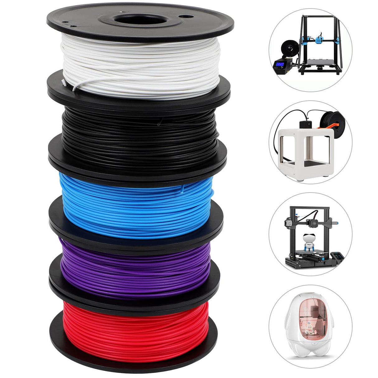 3D Printer Filament Bundle Multicolor, 250g PLA Filament 1.75mm, Dimensional Accuracy +/- 0.02 mm,1.25kg Total, 0.25kg per Spool, 5 Pack, Individually Vacuum Packed, 5 Colors FAHKNS