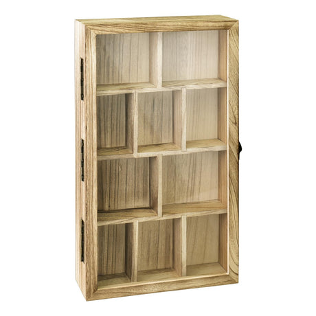 Ikee Design Wooden Collection Display Case with Hinged and Clear Tempered Glass Top, Wall Mounted 10 Slots Wood Display Storage Box for Mini Figures, Collections, Essential Oils, Oak Color Ikee Design
