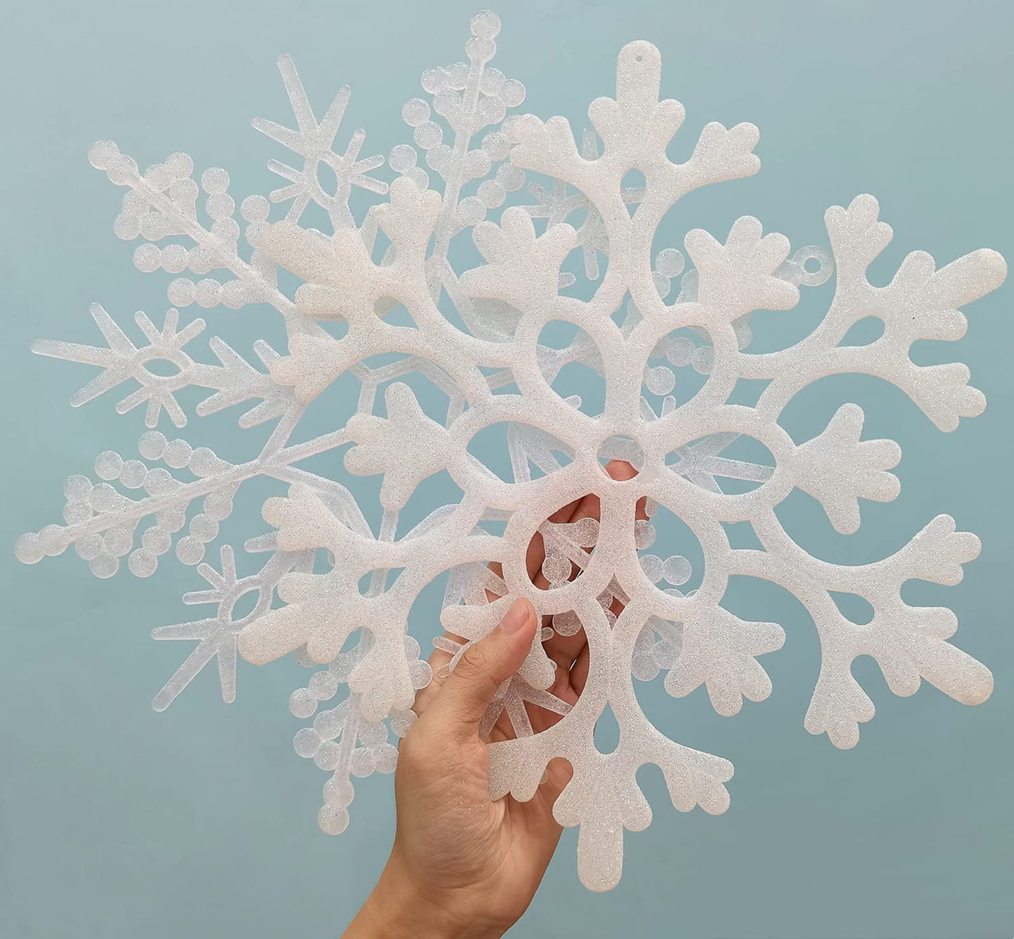 6pcs Large White Snowflakes Ornaments 12” Big Plastic Glitter Snowflake for Winter Indoor Outdoor Christmas Tree Window Room Decorations Giant Craft Snowflakes