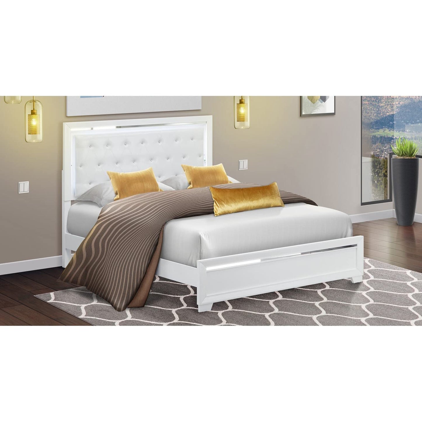 Pandora White Queen Bed Frame with Adjustable LED Headboard by East West Furniture - WoodArtSupply