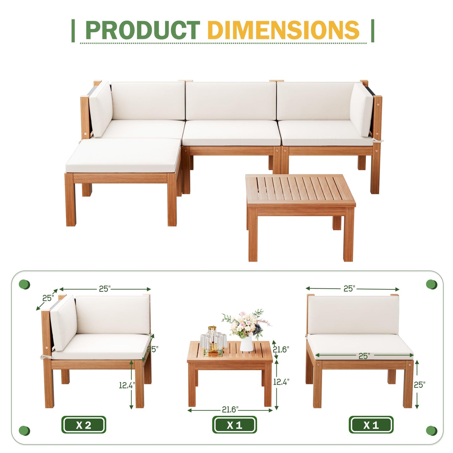 Devoko 5 Pieces Outdoor Sectional Couch Patio Sectional Sofa with Acacia Wood Coffee Table, Outdoor L-Shaped Couch with All-Weather Cushion for Patio,Deck,Backyard(White)