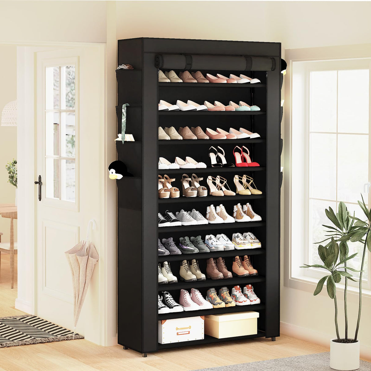 Mavivegue Shoe Rack with Cover, 10 Tier Tall Shoe Storage for 50-55 Pairs of Shoes, Shoe Organizer for Entryway, Closet Mavivegue