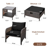 LEVELEVE Balcony Furniture 5 Piece Patio Conversation Set, PE Wicker Rattan Outdoor Lounge Chairs with Soft Cushions 2 Ottoman&Glass Table for Porch, Lawn-Brown Wicker LEVELEVE