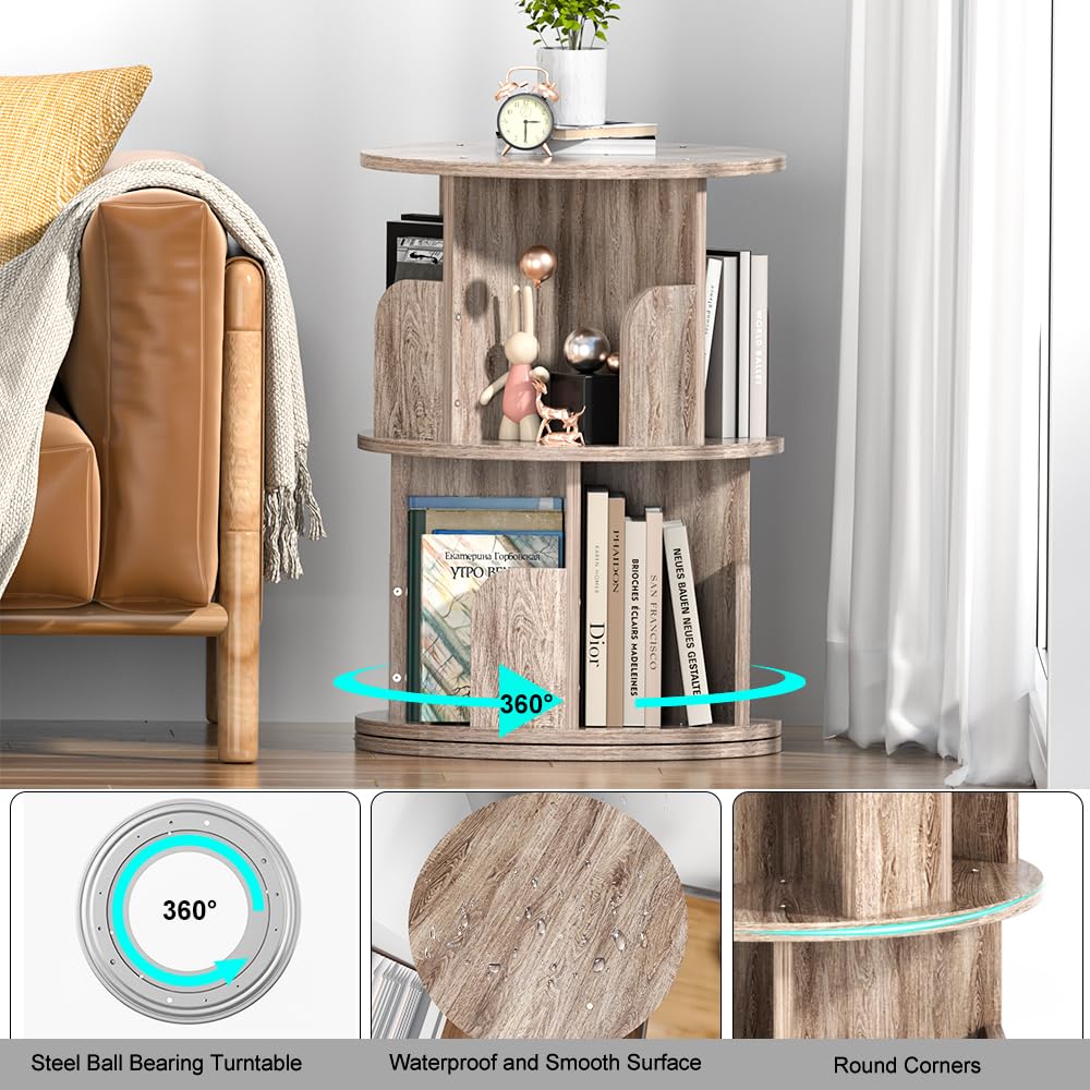 Nidouillet 2-Tier 360° Rotating Bookshelf - Space-Saving Grey Oak Round Bookcase for Adults Nidouillet