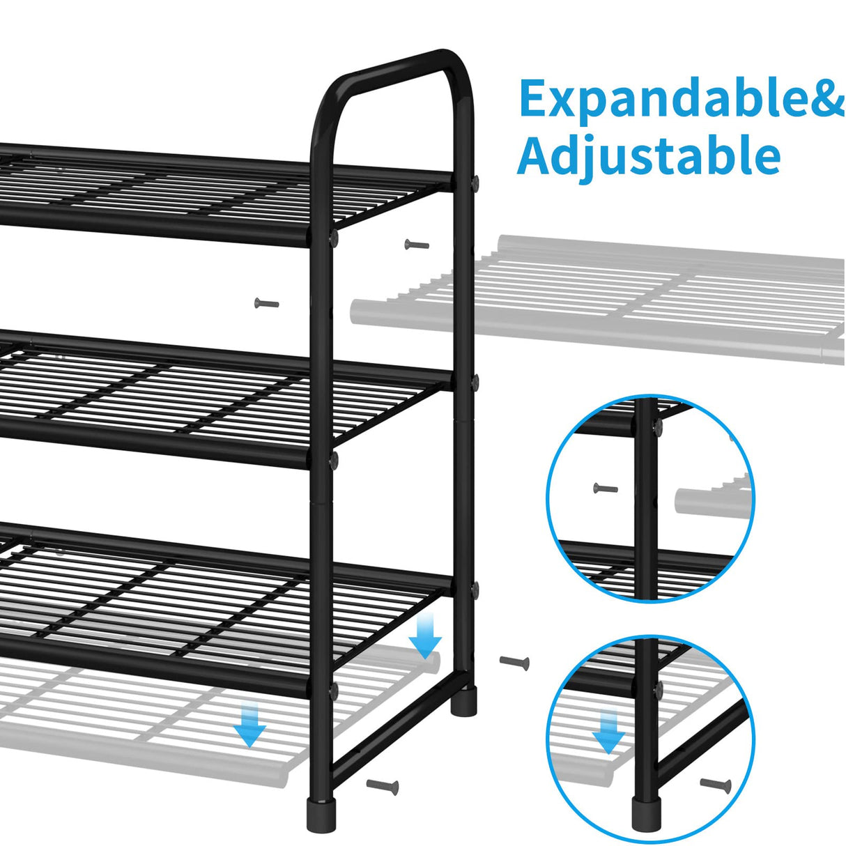 Simple Trending 3 Tier Stackable Shoe Rack, Expandable Adjustable Shoe Shelf Storage Organizer, Wire Grid, Black Simple Trending