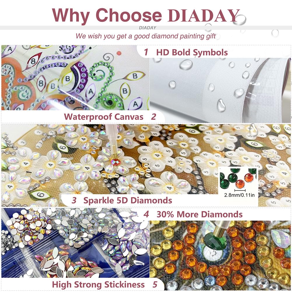 DIADAY Elephant Diamond Painting Kits, 5D Special Shape Diamond Art Kits for Adults, Crystal Rhinestones Art Craft for Beginners DIY Home Wall Decor Gift, 12 × 12 Inches DIADAY