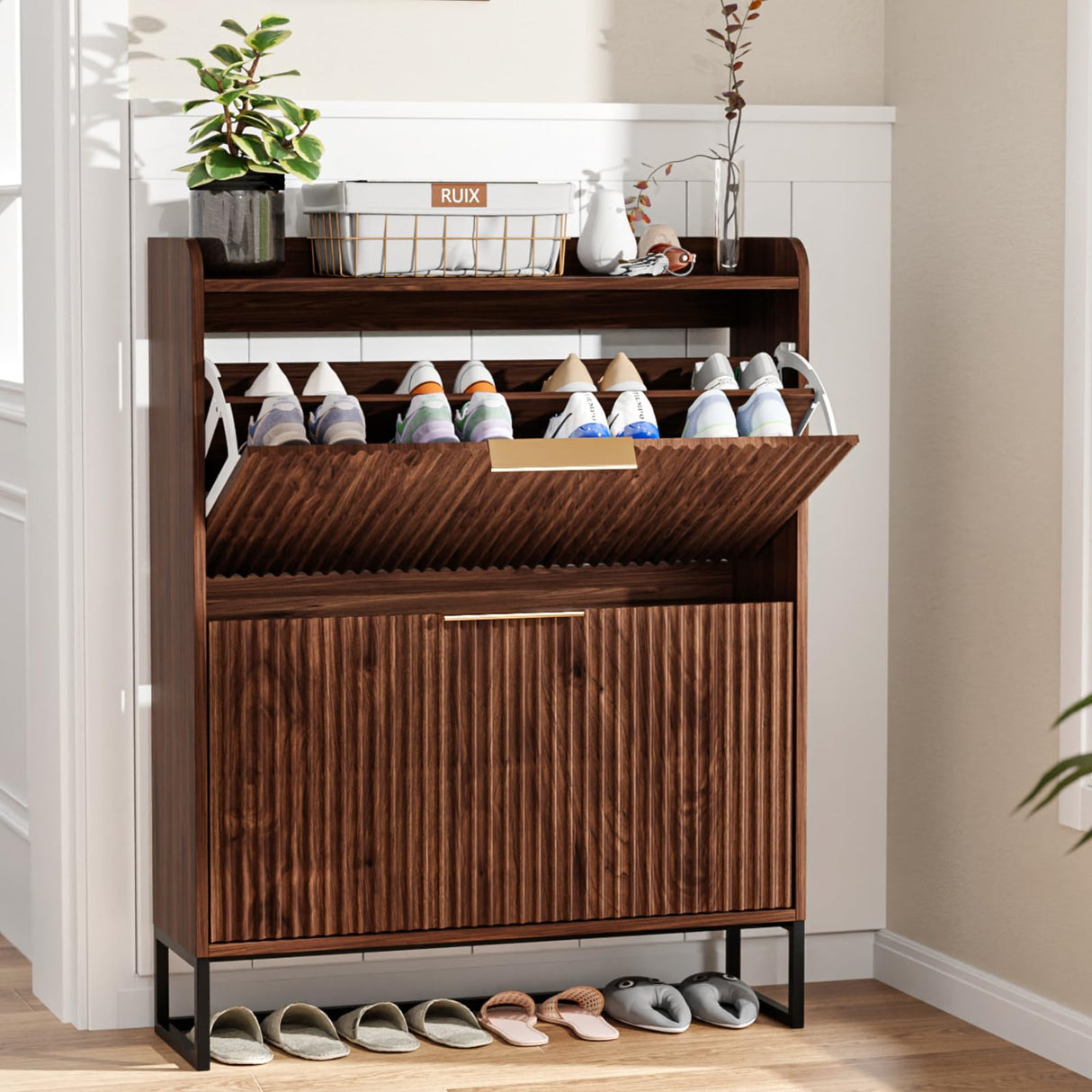 VINGLI Fluted Shoe Cabinet Storage for Entryway,Hidden Shoes Storage Cabinet with 2 Flip Drawers, Mid Century Modern Shoe Rack Organizer,Free Standing Shoes Organizer for Hallway(Dark Walnut) VINGLI