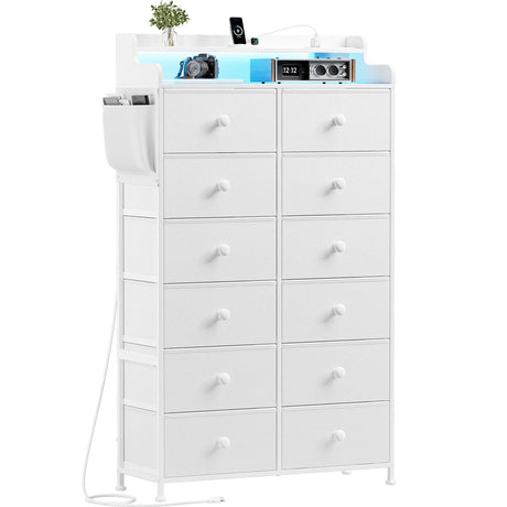 REAHOME Dresser for Bedroom with Charging Station and LED Lights, 12 Drawers Dresser TV Stand with Wooden Top, Tall Fabric Chest of Drawer with Sturdy Frame for Closet, Living Room, Hallway, White REAHOME