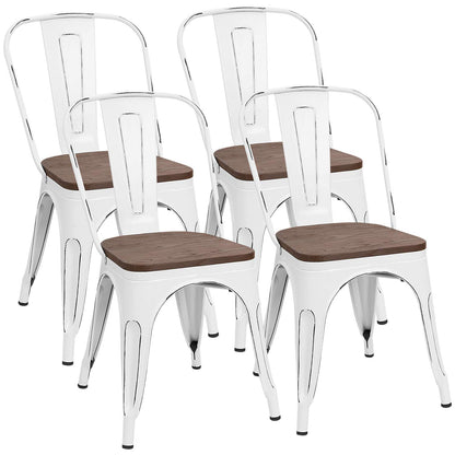 Furmax Metal Dining Chairs with Wood Seat, Indoor-Outdoor Use Stackable Chic Dining Bistro Cafe Side Metal Chairs Set of 4(White) - WoodArtSupply