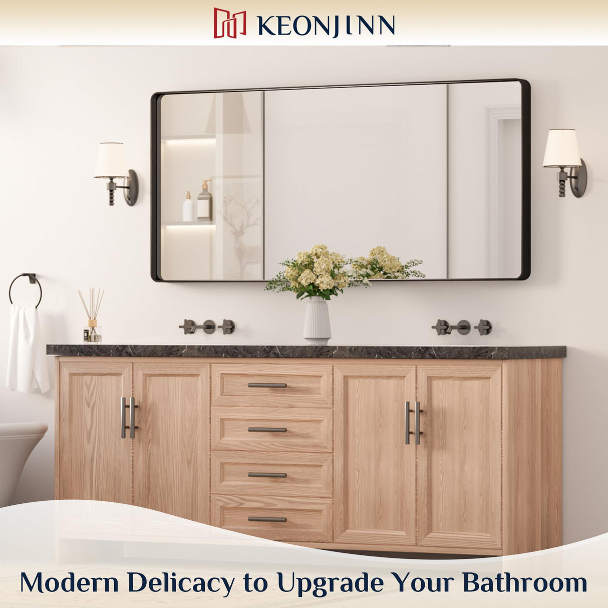 Keonjinn Black Metal Framed Bathroom Mirrors for Wall, 60” x 28” Large Rounded Rectangle Bathroom Vanity Mirror, Matte Black Modern Decorative Mirror, Anti-Rust, HD Tempered Glass(Horizontal/Vertical) Keonjinn