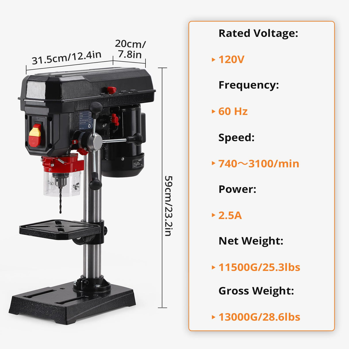 8 Inch Benchtop Drill Press, 2.5Amp Benchtop Drill Machine, 5 Speed Adjustable, Swing Distance 0-45° Tiltling Tabletop Drilling Machine for Wood, Metal PioneerWorks
