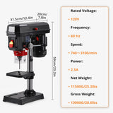8 Inch Benchtop Drill Press, 2.5Amp Benchtop Drill Machine, 5 Speed Adjustable, Swing Distance 0-45° Tiltling Tabletop Drilling Machine for Wood, Metal PioneerWorks