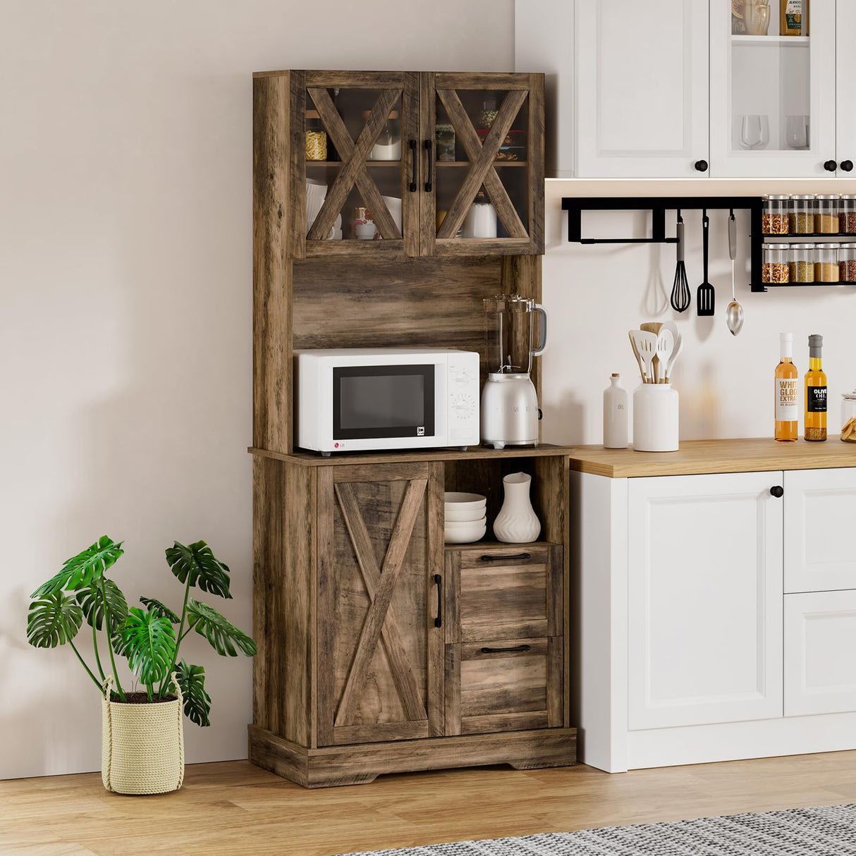 Lomojo Kitchen Storage Cabinet,71" Pantry Cabinet,Coffee Hunth Freestanding Cabinet,Farmhouse Tall Kitchen Cabinet Organizers and Storage with Doors & Adjustable Shelves Rustic Brown Lomojo