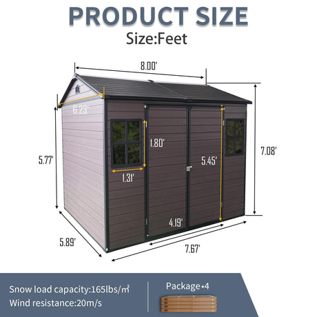 KEIKI 8x6 FT Outdoor Storage Shed Waterproof Resin Cabinet,Sloped Roof Polypropylene Frame with Two-Window and Double Lockable Door for Patio Furniture Tools KEIKI