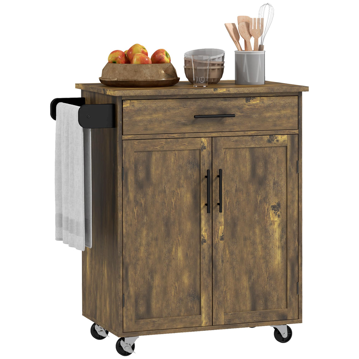 HOMCOM Kitchen Island Cart Rolling Trolley Cart with Drawer, Storage Cabinet & Towel Rack, Rustic Brown HOMCOM