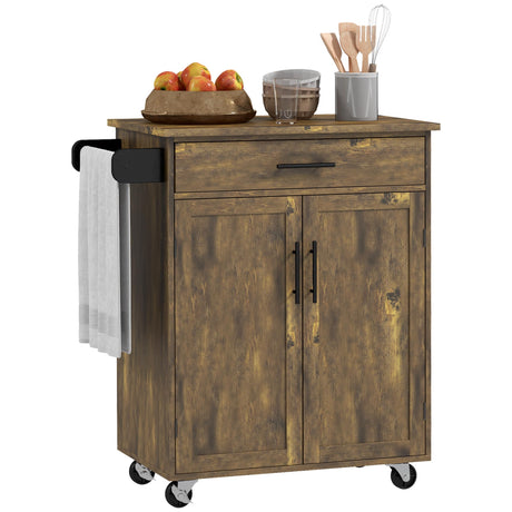 HOMCOM Kitchen Island Cart Rolling Trolley Cart with Drawer, Storage Cabinet & Towel Rack, Rustic Brown HOMCOM