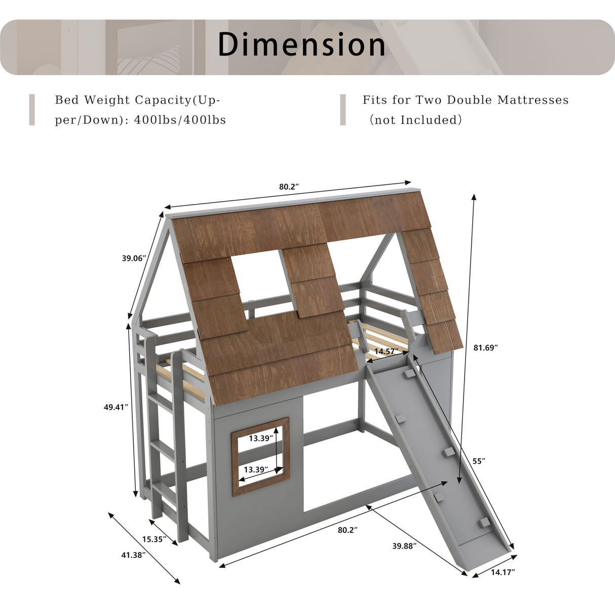 DGSPVCT Twin Over Twin House Bunk Bed for Kids, Wood Bunk Bed Frame with Window Roof Design and Guardrail, Montessori Floor Bunk Bed Frame with Climbing Ramp & Ladder, for Boys Girls, Gray DGSPVCT
