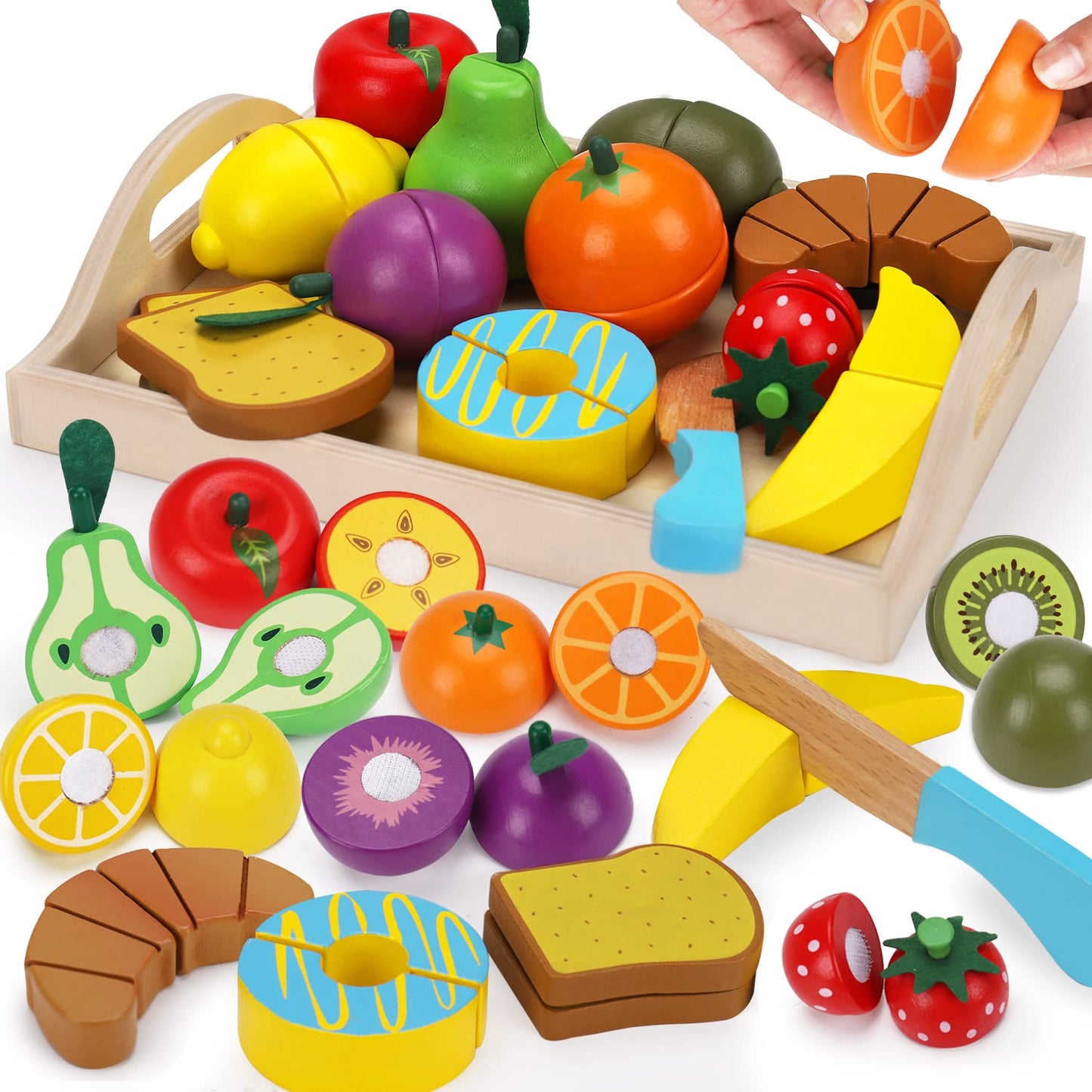 Wooden Pretend Play Food Sets Cutting Toys for Kids Kitchen Accessories Playset Montessori Toys with Toy Knife Velcro Fruit Board Learning Educational Fine Motor Skills Toddler Toys Birthday  - WoodArtSupply