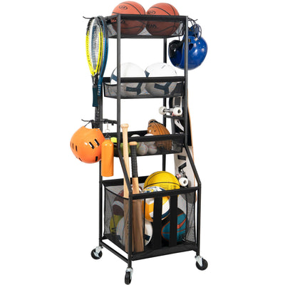 STORAGE MANIAC Ball Storage Bin Rolling Sports Ball Cart, Metal Garage Organizer Sport Rack Basketball Storage Cage for Garage or Gym, Indoor & Outdoor Sports Equipment Organizer with Shelves