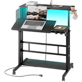 Dripex Mobile Standing Desk with Power Outlets & Strip Lights, Rolling Computer Desk with Cup Holder, Hook, Storage Bag, Adjustable Height Laptop Desk with Wheels, Small Standing Desk Drawing Desk Dripex
