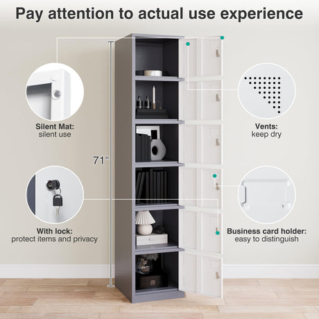SISESOL Metal Locker Storage Cabinet with Doors and Shelves Metal Lockers with 6 Doors,71" Lockable Small Locker Storage Cabinet for Employees,School, Office, Home, Gym(White/Grey) SISESOL
