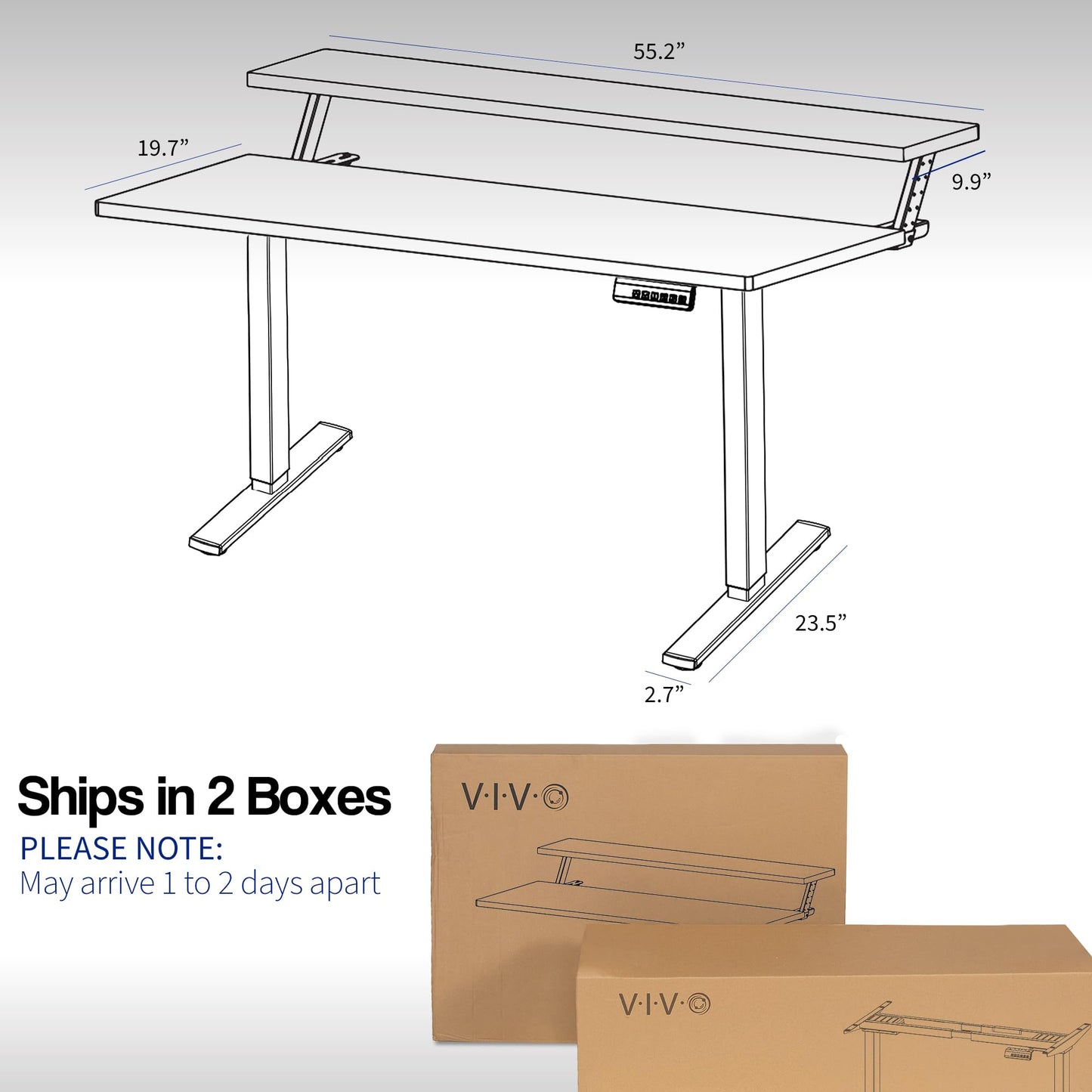 VIVO Electric 2-Tier Height Adjustable 55 x 30 inch Stand Up Desk, Dual Tier Adjustable Shelf Table Top, Standing Workstation with Memory Controller, Home and Office Furniture, Black, DESK-KI - WoodArtSupply