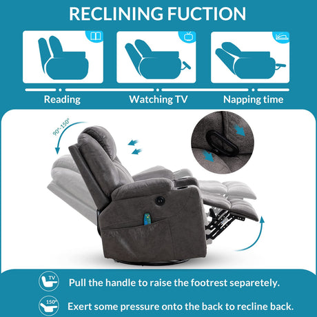 OUINCH Manual Swivel Glider Rocker Recliner Chair with Massage and Heat, 2 USB Ports, 2 Cup Holders, 2 Side Pockets and 2 Front Pockets, Bronze Suede Fabric (Grey) OUINCH