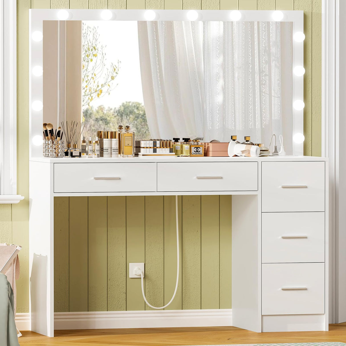 usikey 47.2" Large Vanity Desk with Lighted Mirror, 14 Lights, Makeup Vanity Table with 5 Large Drawers & Charging Station, Makeup Vanity Desk, Vanity Table Set for Bedroom, White usikey