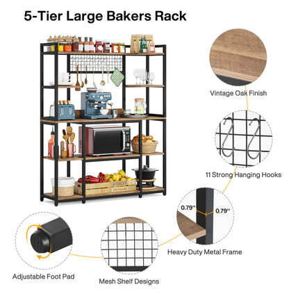 LITTLE TREE 5-Tier Kitchen Bakers Rack, 66.9" Tall Kitchen Hutch Microwave Stand with 11 Hooks, 55" Extra Wide Kitchen Storage Shelf Rack, Wood Baker's Rack for Kitchen, Light Brown and Black